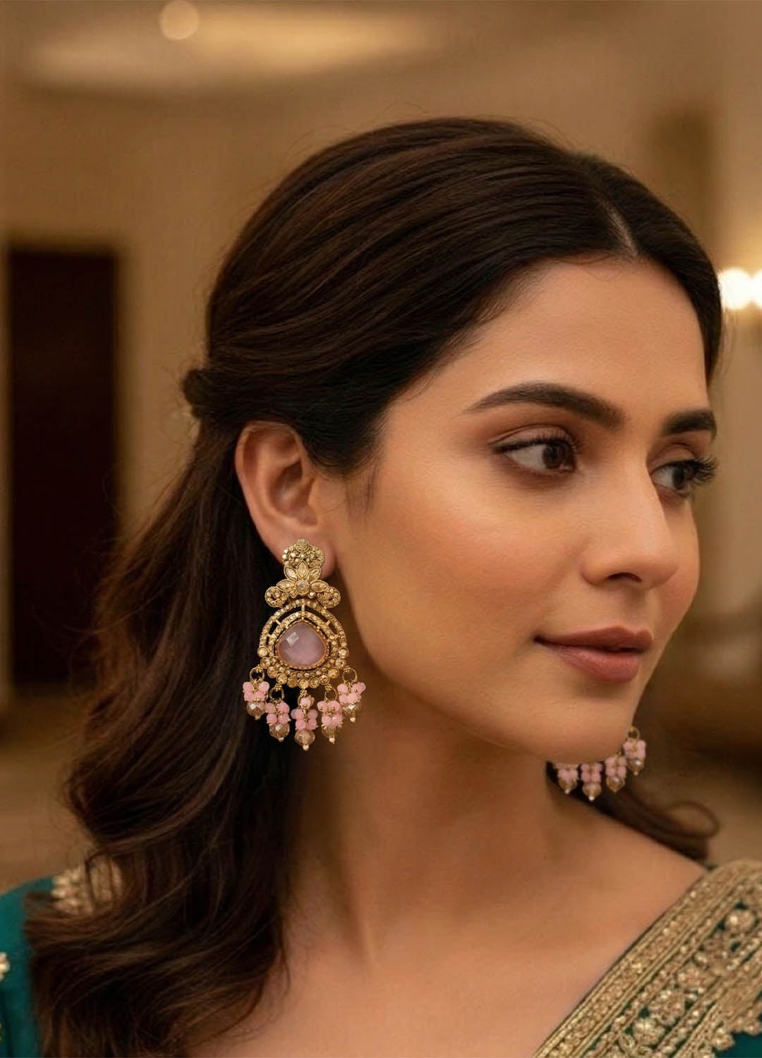 Adhira Polki Earrings - Pink