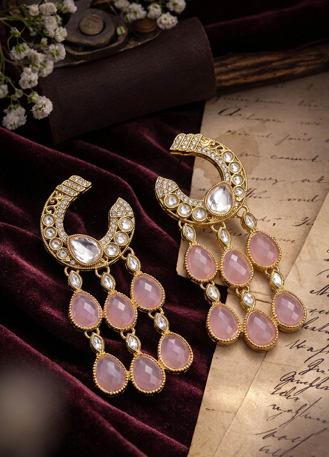 Chandrika Polki Chaand Earrings - Pink