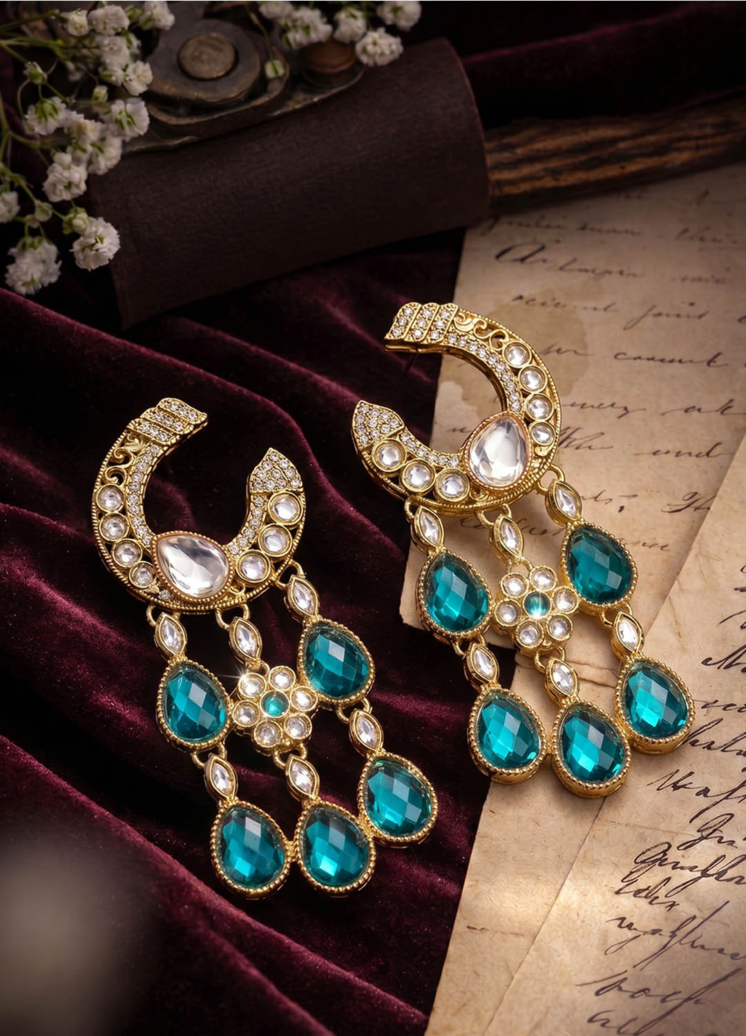 Chandrika Polki Chaand Earrings - Teal Blue