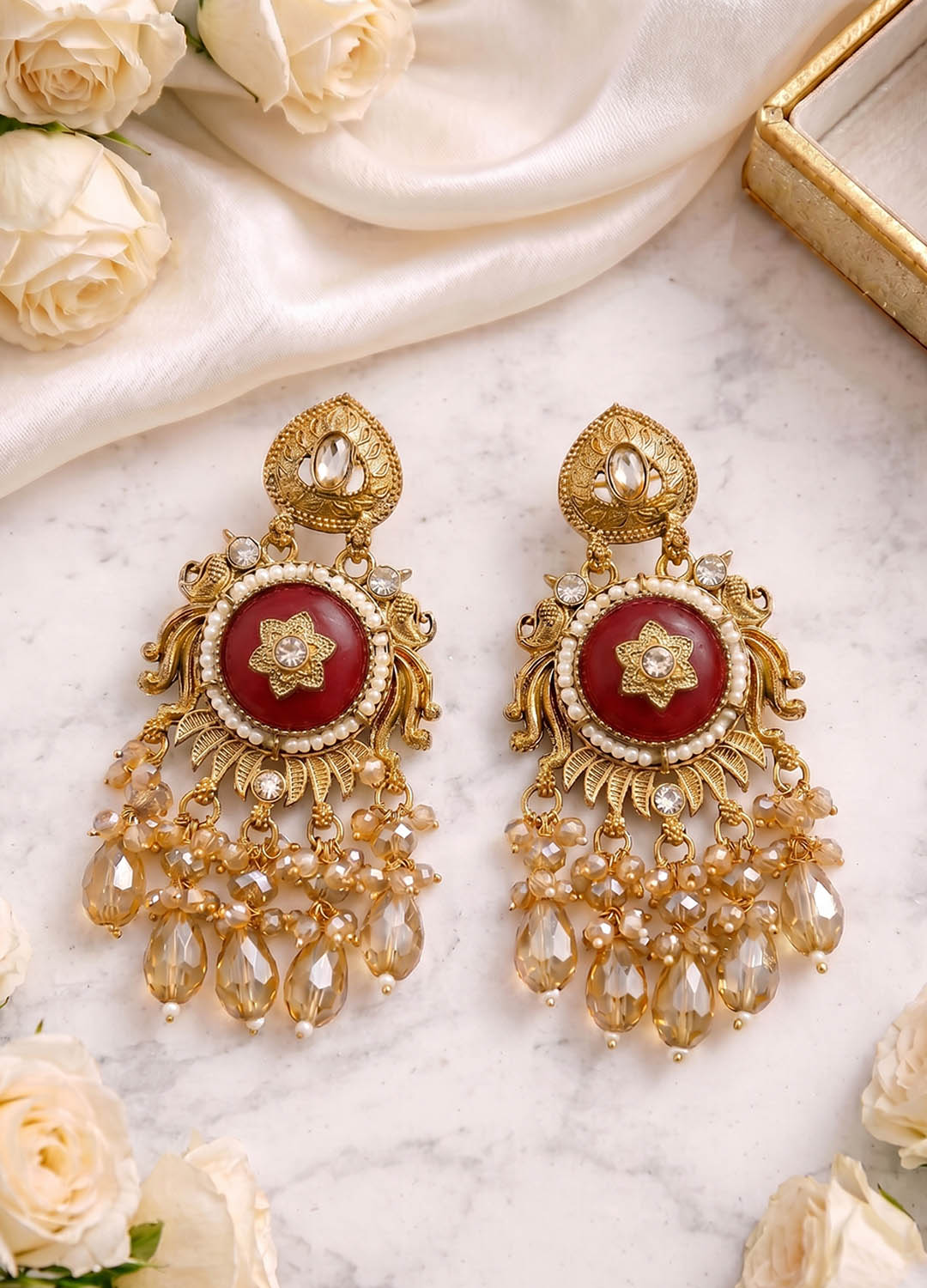 Rajrani Polki Earrings - Red