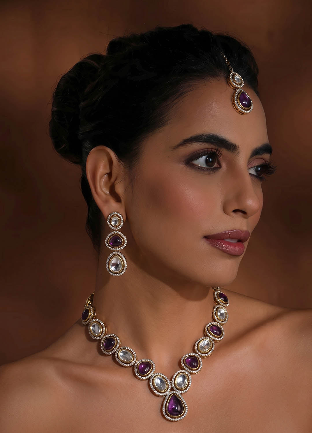 Purple kundan statement necklace with intricate detailing