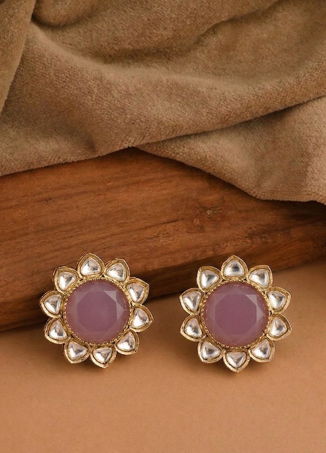 Kesar Polki Studs - Pink
