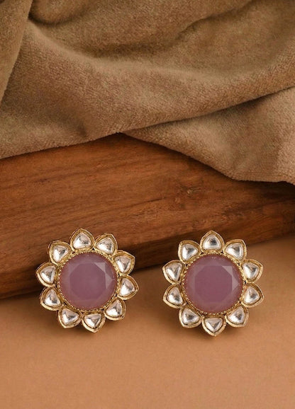 Kesar Polki Studs - Pink
