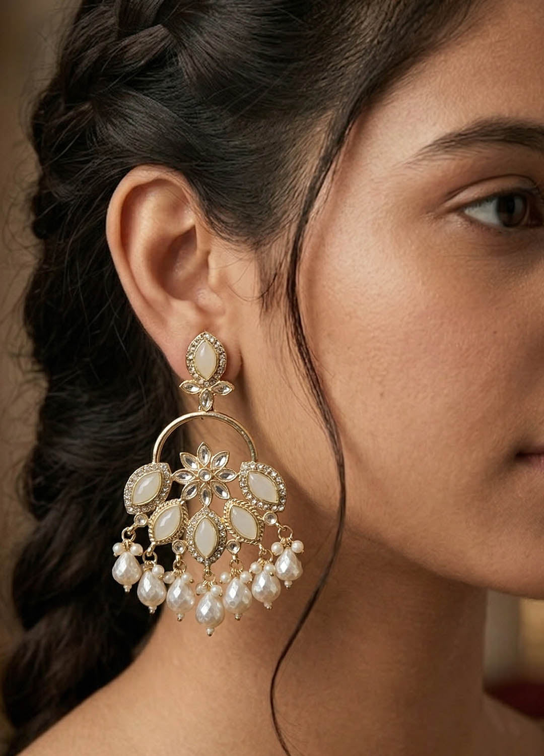 White polki statement earrings with intricate design