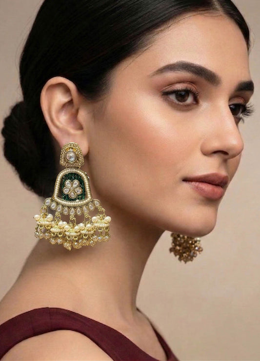 Green polki earrings with traditional detailing