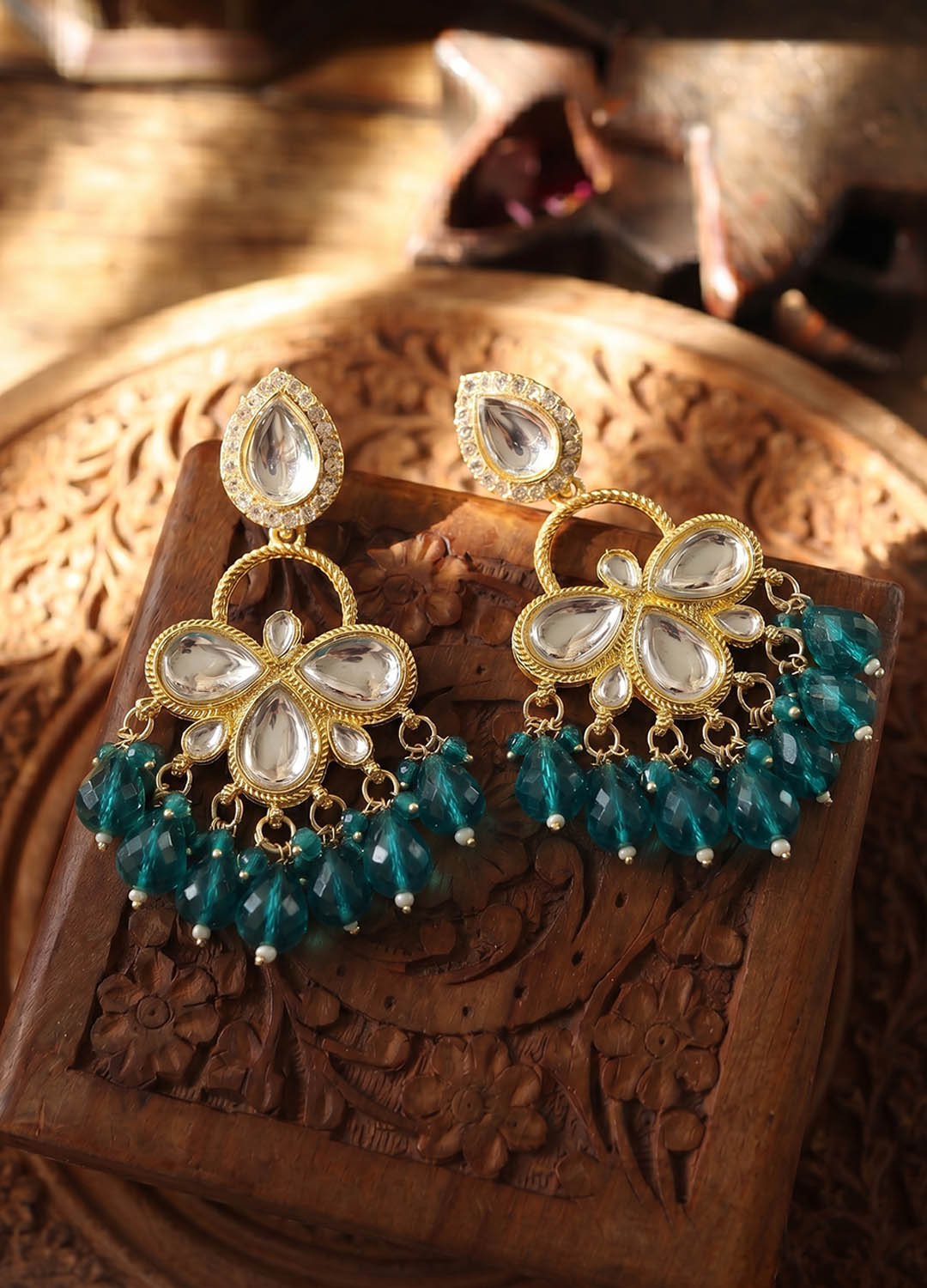Navrang Polki Earrings - Teal Blue