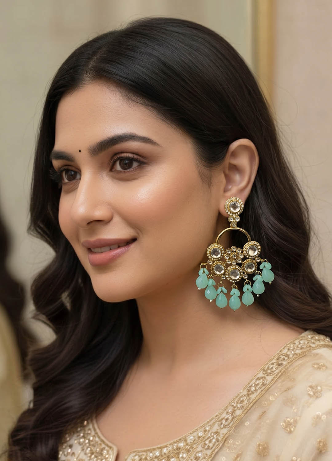 Mint green polki earrings with elegant detailing