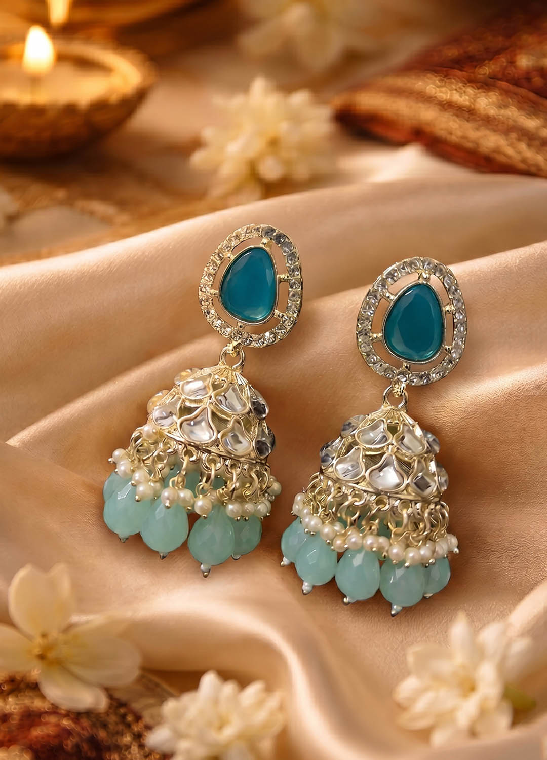 Rangshree Polki Earrings - Teal Blue