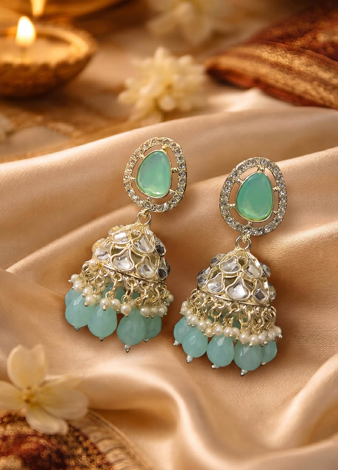 Rangshree Polki Earrings - Mint Green