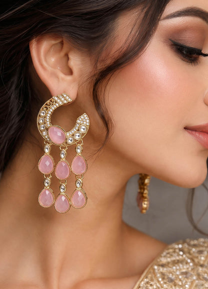 Pink chaand polki earrings with traditional design