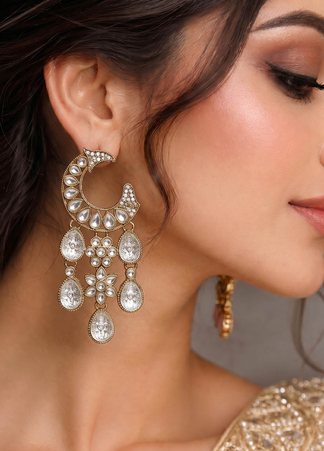 White chaand polki earrings with elegant design