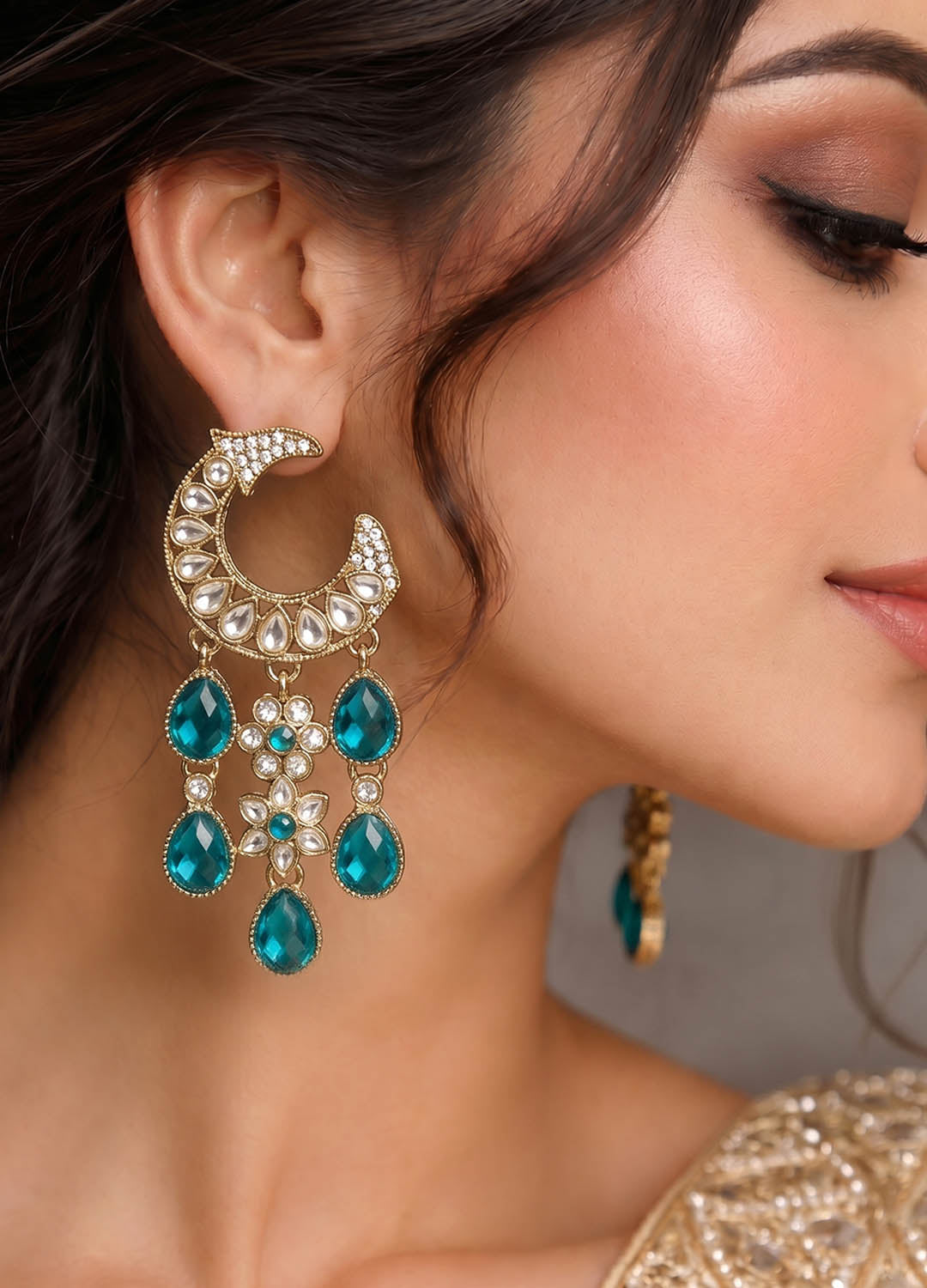 Teal blue chaand polki earrings