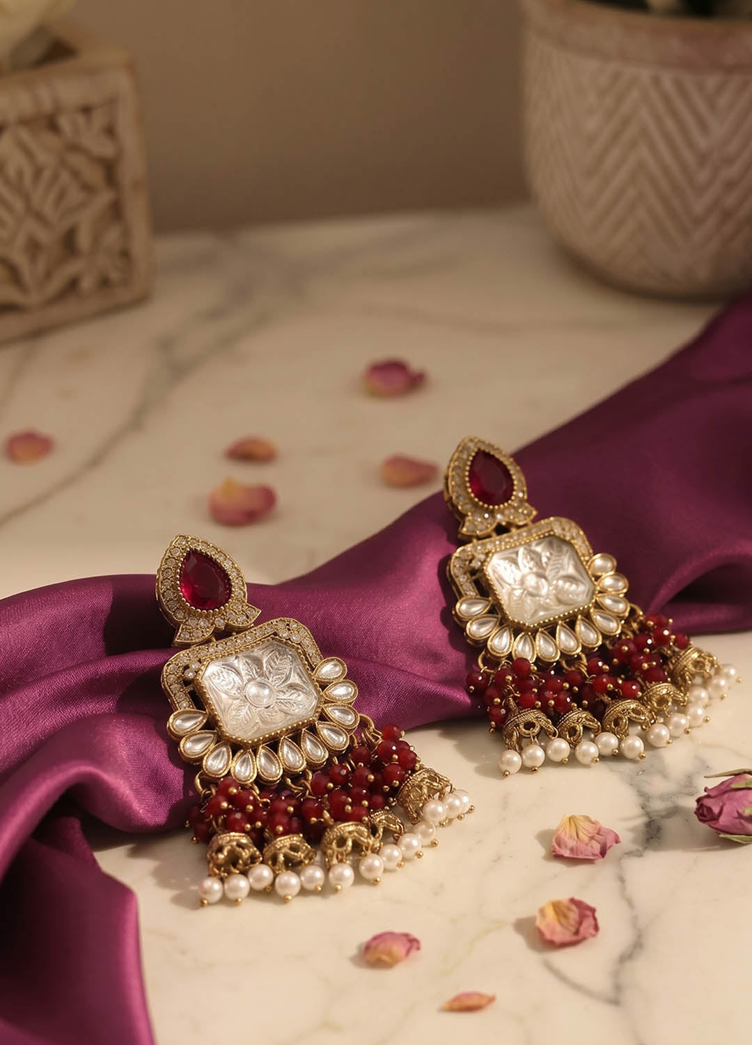 Red polki bridal earrings with elegant design