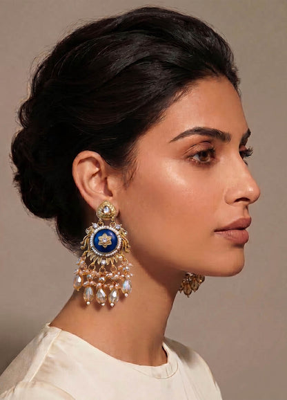 Blue polki earrings with traditional design