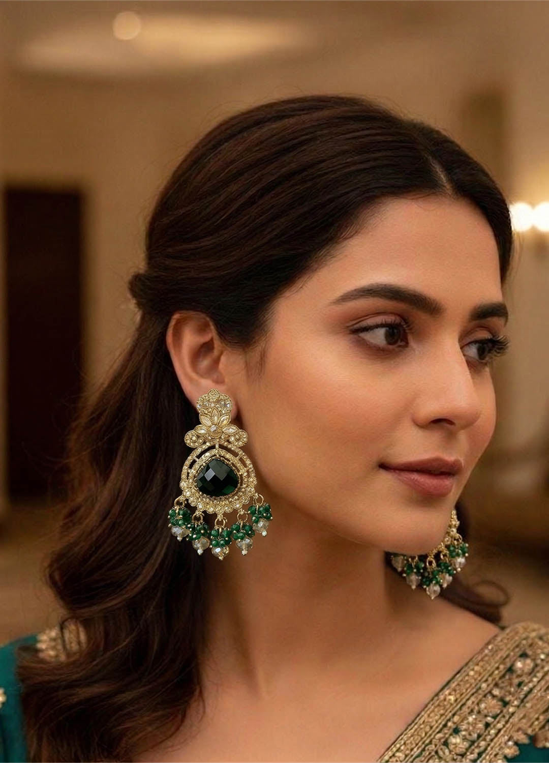 Dark green polki earrings with elegant design