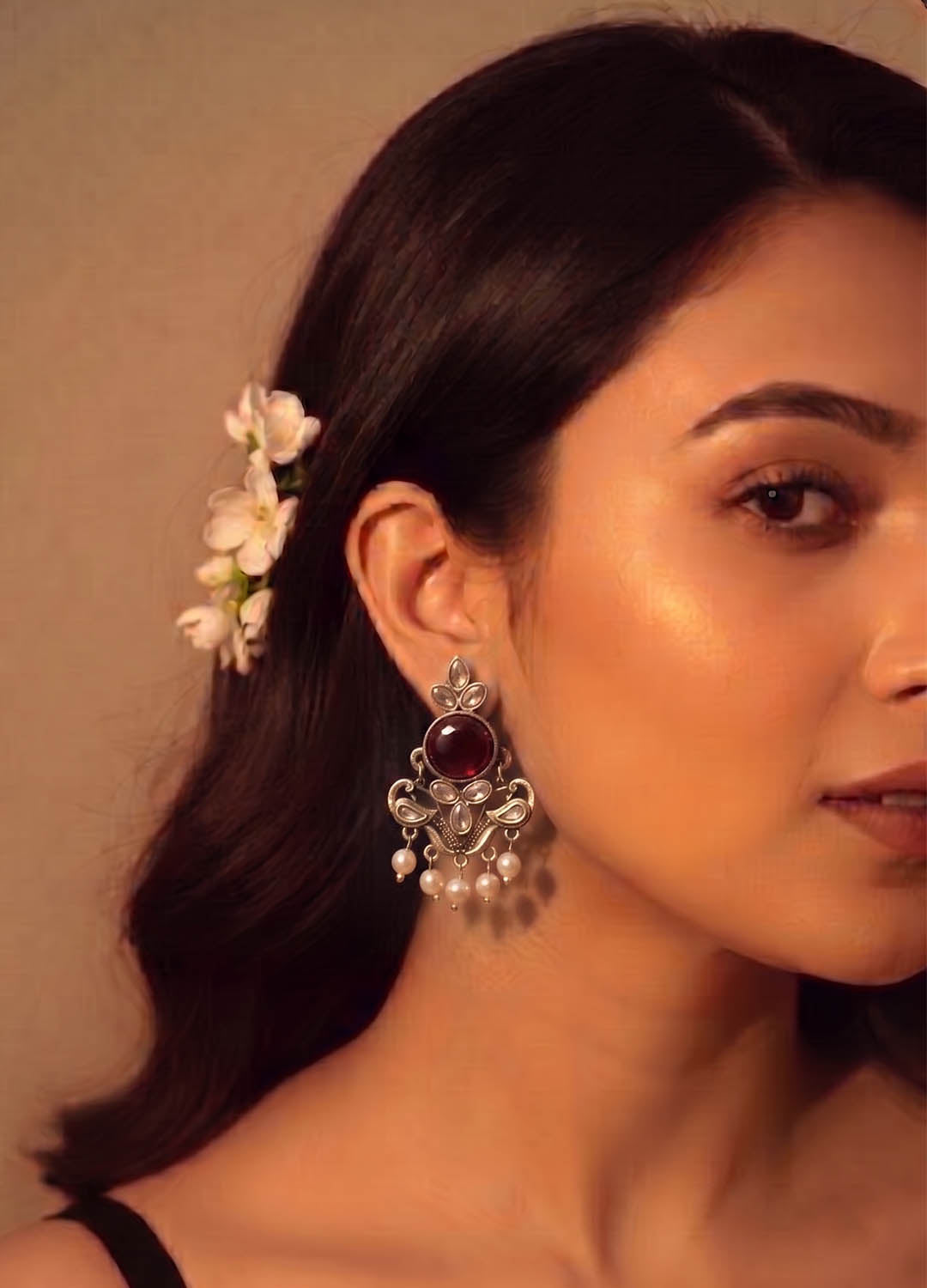 Traditional oxidised earrings with maroon accents