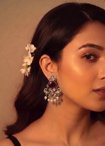 Traditional oxidised earrings with maroon accents